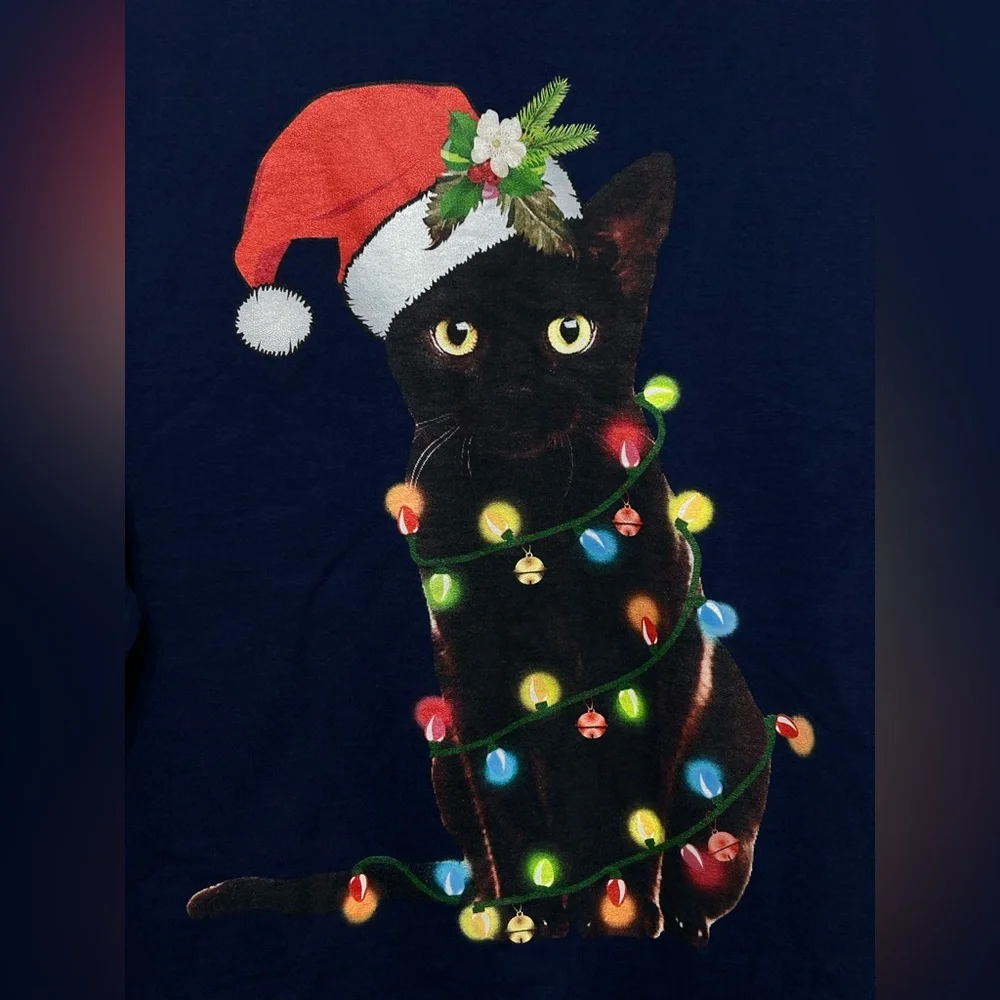 Christmas Cat Santa Hat Lights Novelty Sweatshirt Size Large - Picture 4 of 8